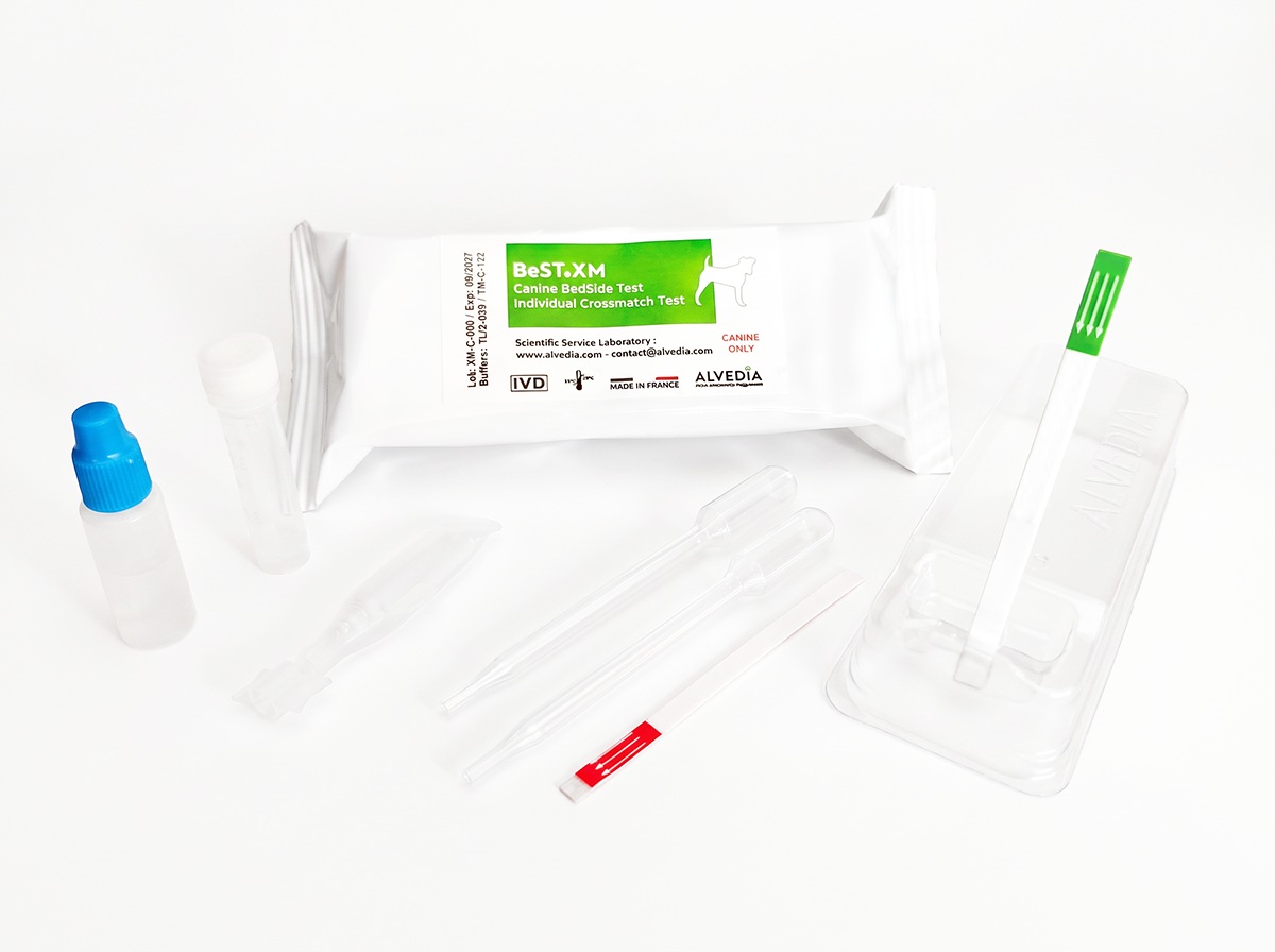 BeST XM Canine individual crossmatch test kit showing packaging and supplied components