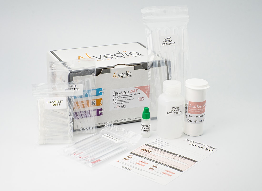 Alvedia LabTest DAT feline multi-test kit showing packaging and supplied components